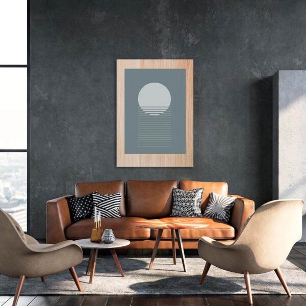 Ambiente de salón con el cuadro de madera Blue Lines Moons