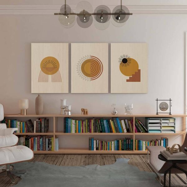 Ambiente de salón con los tres cuadros de madera de la serie Move