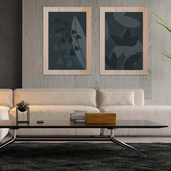 Ambiente de sofá con el pack de cuadros de madera Dark Leaf