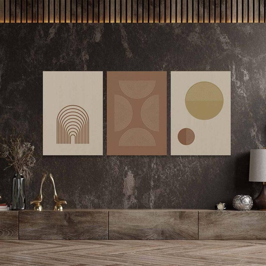Ambiente de salón con los tres cuadros de madera de la serie Vanguardia