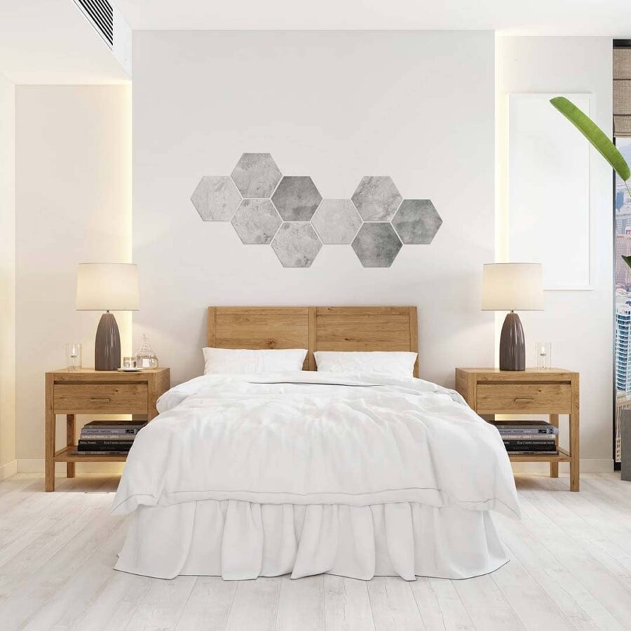 Ambiente dormitorio hexágonos decorativos hexa cenk grey