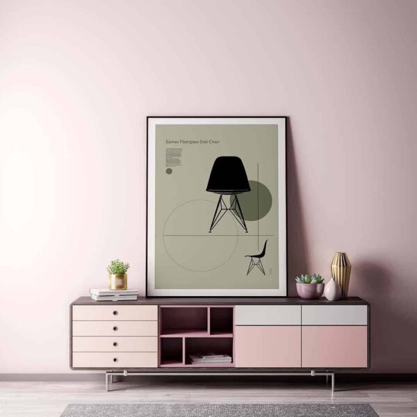 Ambiente de salón con la lámina minimalista Fiberglass Eames