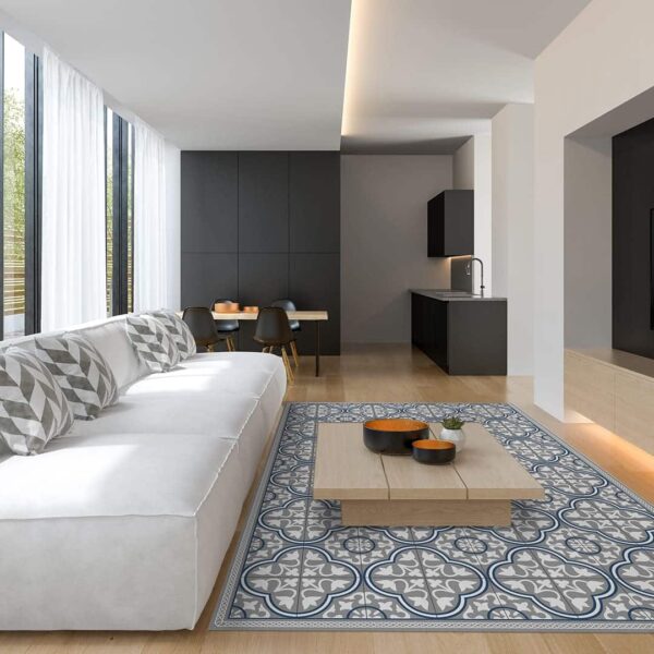 Ambiente de salón comedor con la alfombra de vinilo Granada Blue