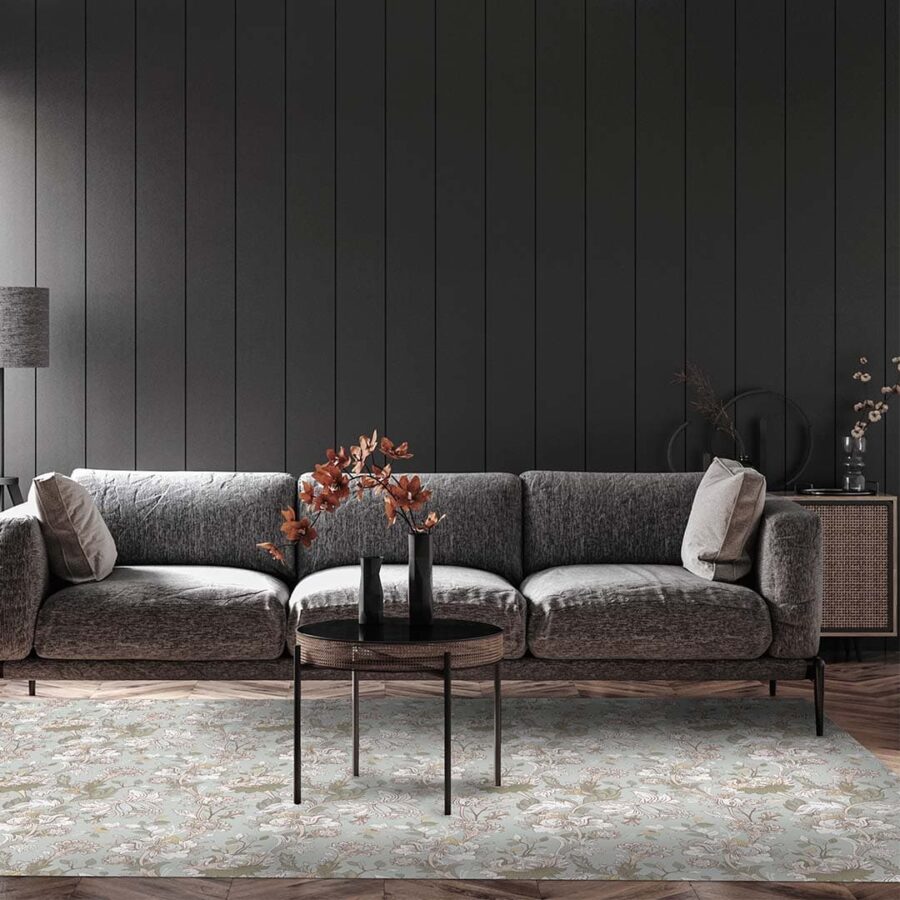 Majestuoso ambiente de salón con la alfombra de vinilo de diseño floral Salvia