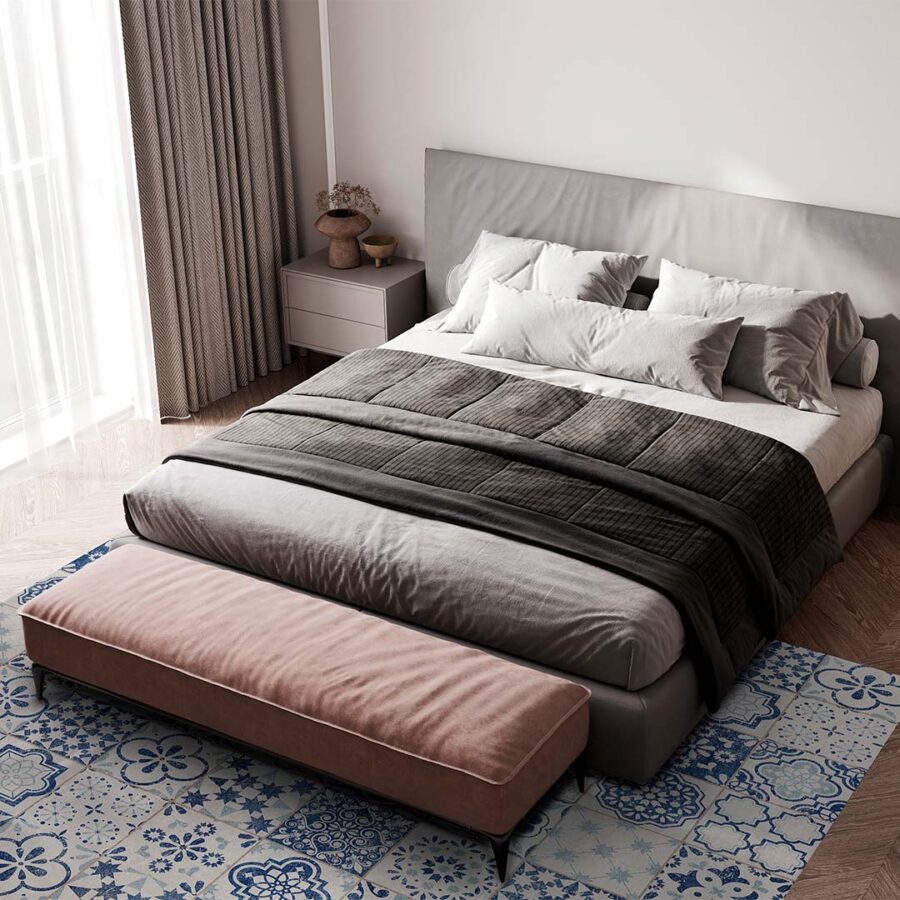 Ambiente de dormitorio con la alfombra vinílica hidráulica en tonos desgastados Vimeiro