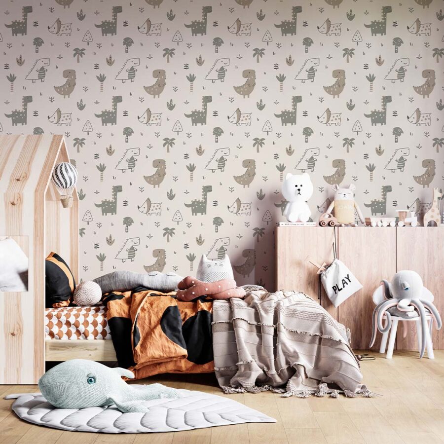 Dormitorio infantil con el papel pintado Dinosaurs Place