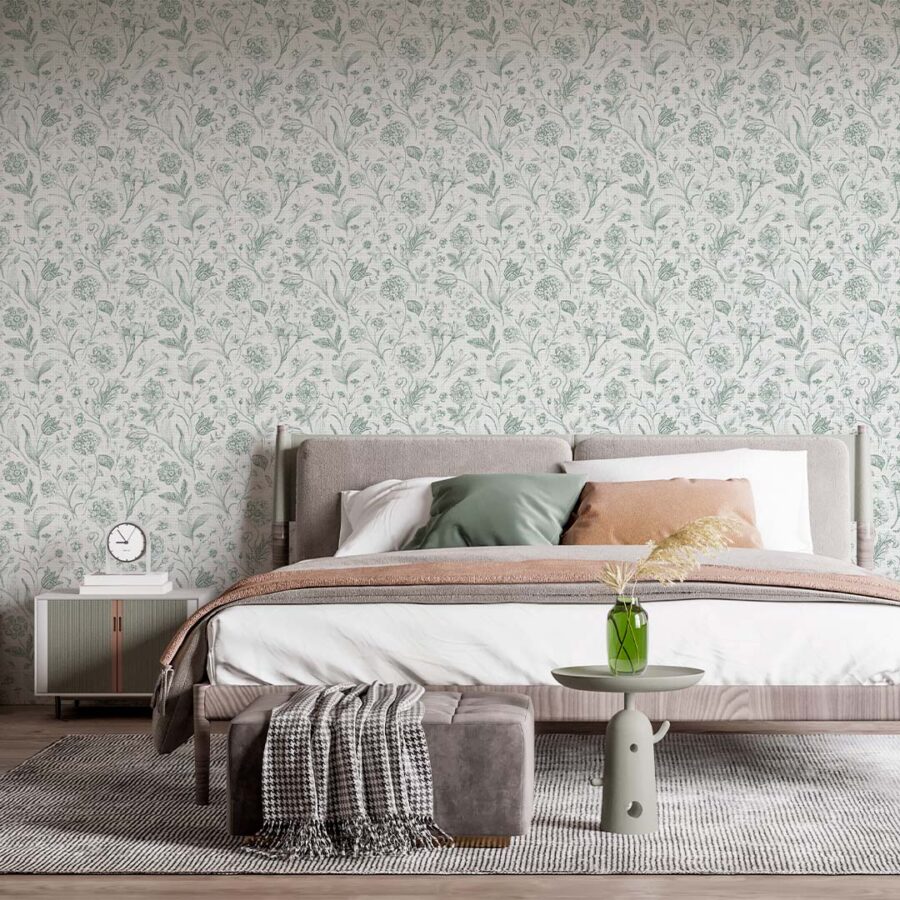 Papel pintado dormitorio con el diseño Bloom Green