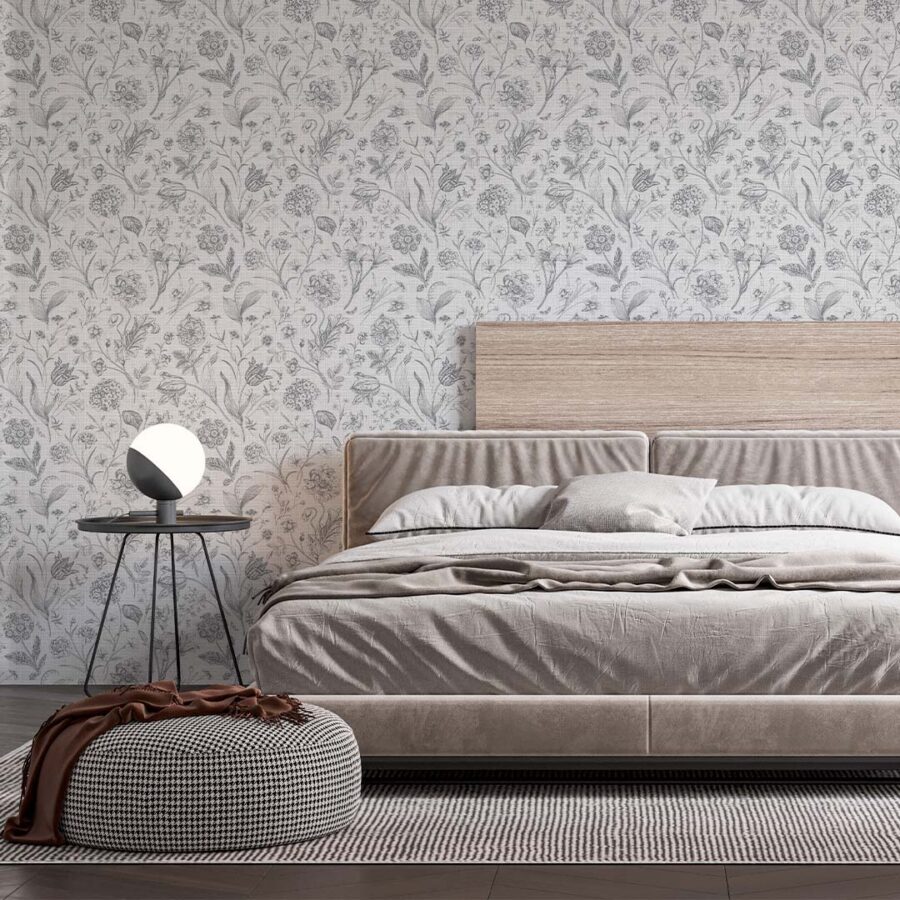 Ambiente de dormitorio con el papel pintado autoadhesivo Bloom Gris
