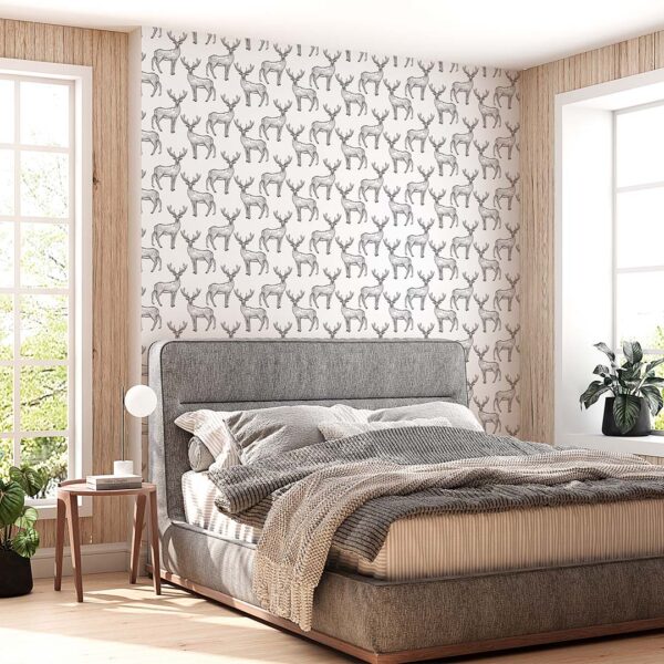 Ambiente de dormitorio con el papel pintado autoadhesivo Ciervos