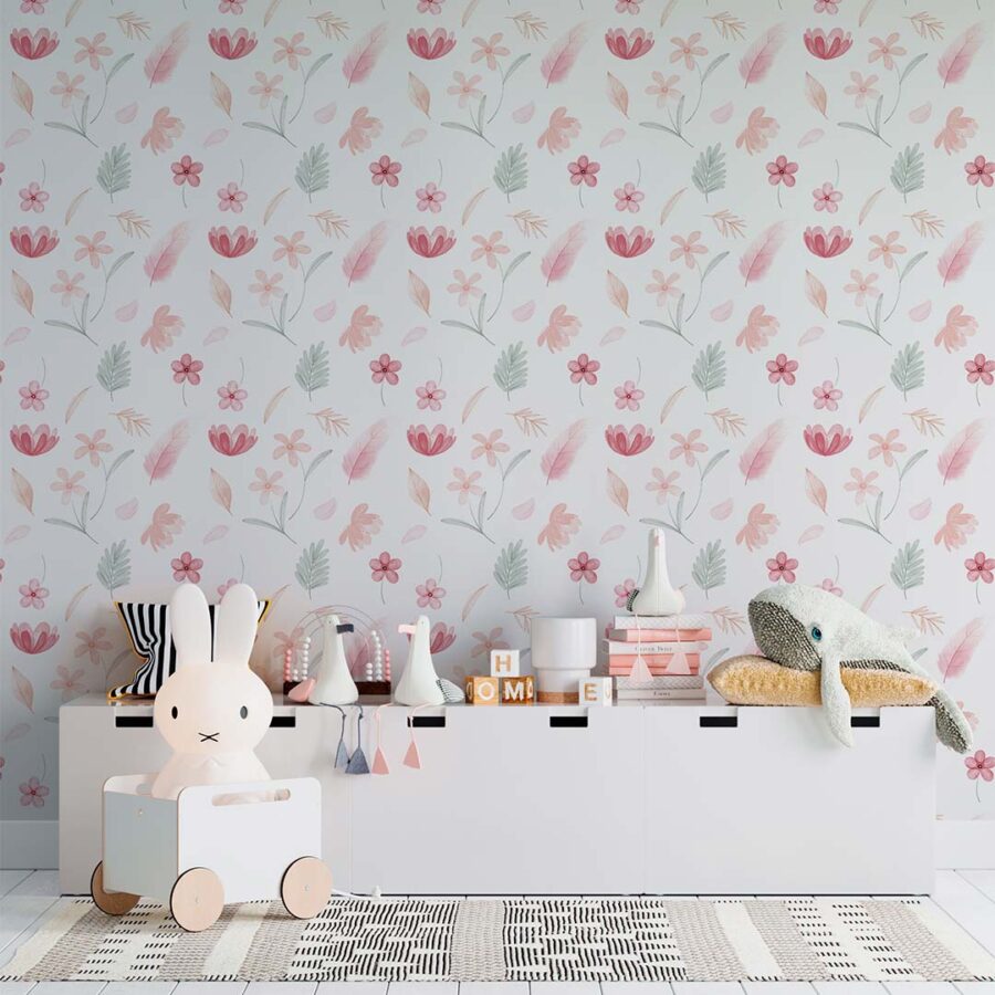 Dormitorio infantil con el papel pintado infantil autoadhesivo Primavera