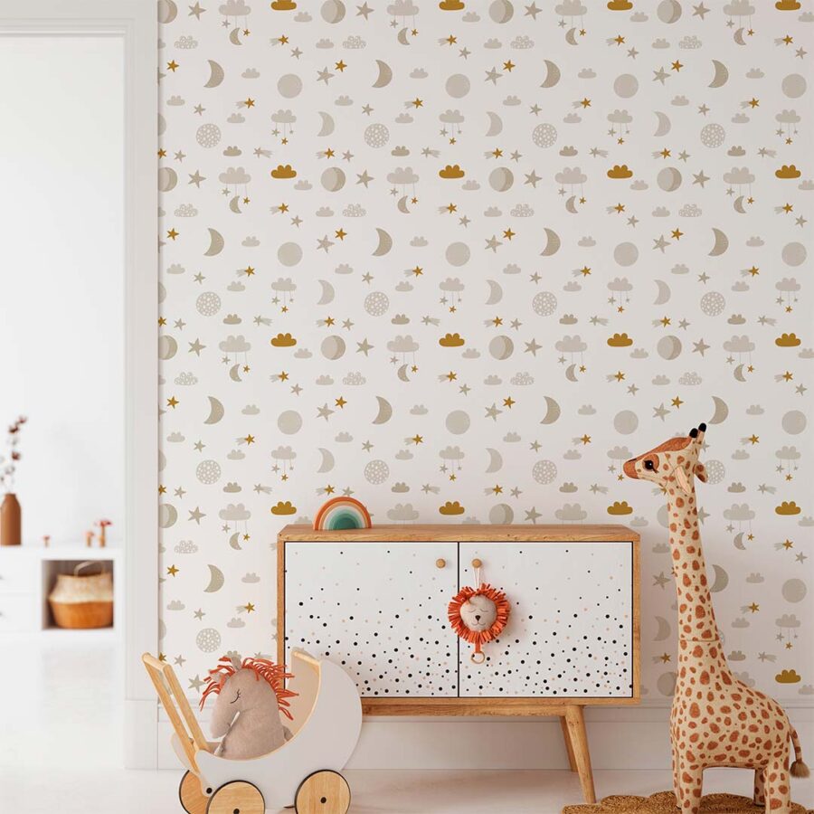 Habitación infantil con el papel pintado de lakkua.com Star and Moon Mustard