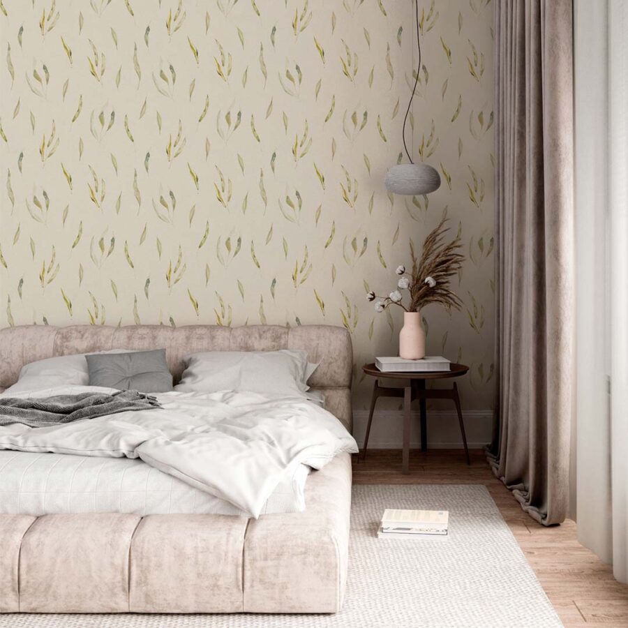 Detalle del ambiente de dormitorio con el papel pintado autoadhesivo Canaples