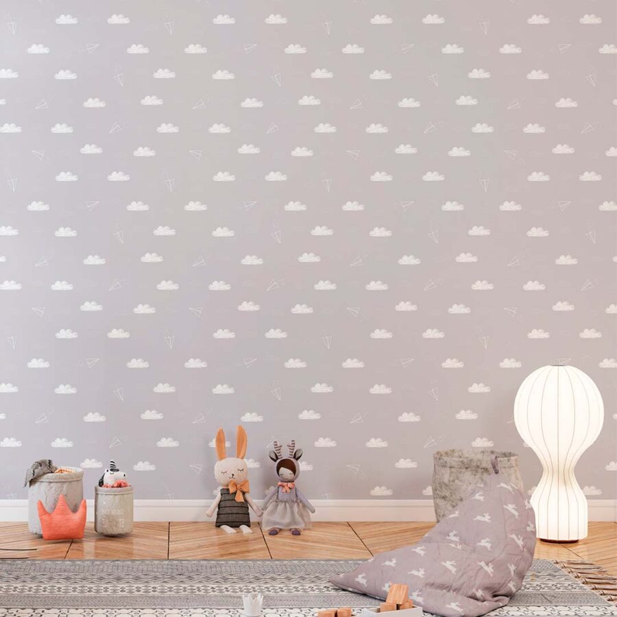 Dormitorio infantil con el papel pintado infantil autoadhesivo Nubes Grises